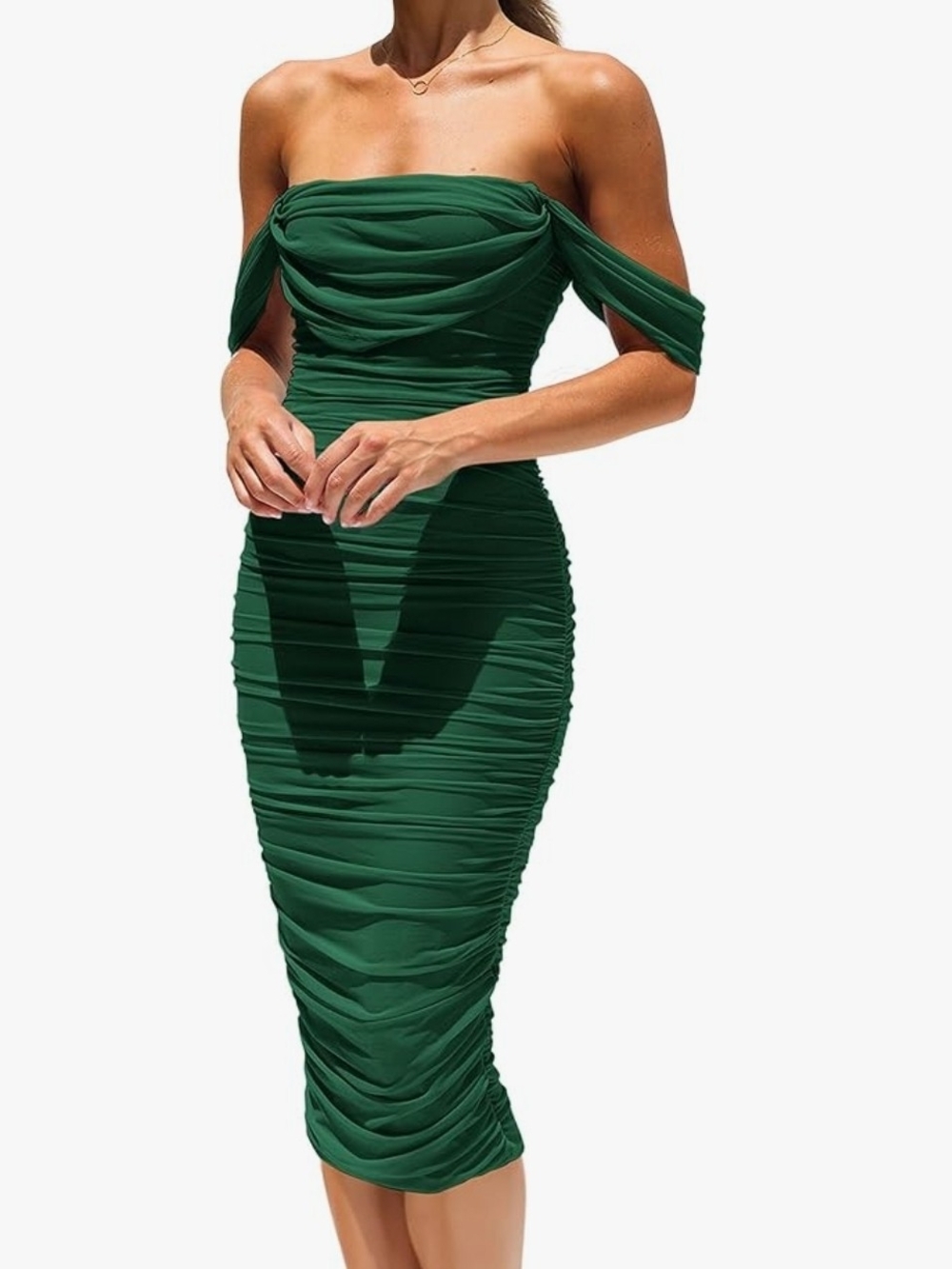 Green Ruched Square-Neck Midi Dress - Picture 7 of 7